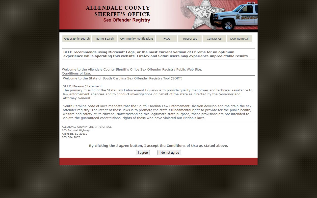 Allendale County Detention Center sheriff SLED registry contact reference