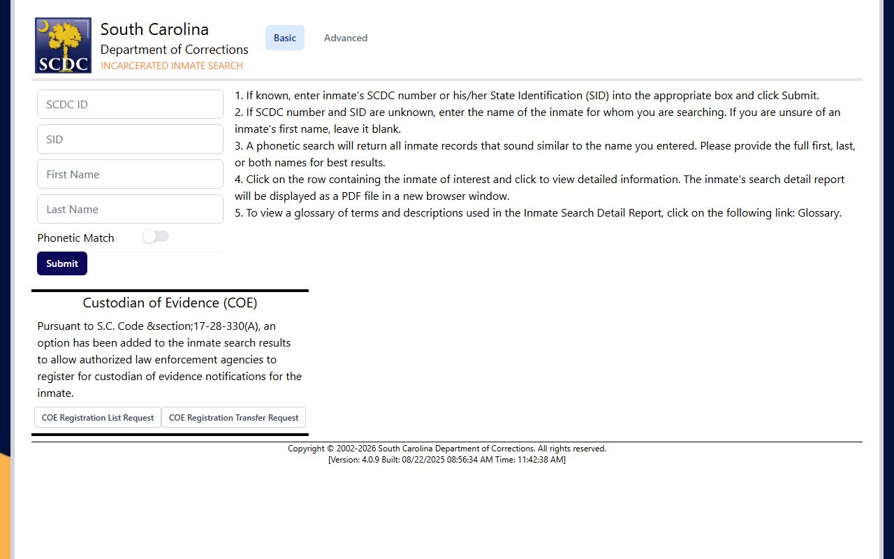 Allendale County inmate records SCDC incarcerated inmate search form